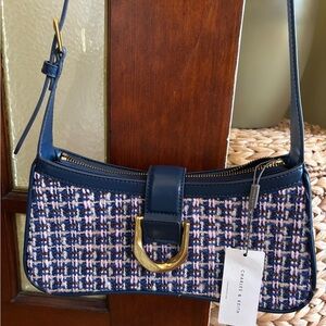 SOLD - NWT Charles & Keith Navy and Pink Tweed Shoulder Bag